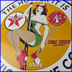 Vintage Texaco Gasoline Sign Fire Pole Fire Chief Gas Pump Ad Porcelain Sign