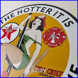 Vintage Texaco Gasoline Sign Fire Pole Fire Chief Gas Pump Ad Porcelain Sign