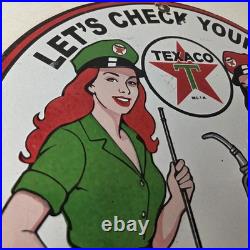 Vintage Texaco Gasoline Sign Lets Check Gas Attendants Porcelain Pump Sign