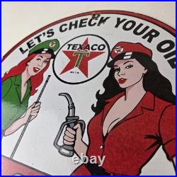 Vintage Texaco Gasoline Sign Lets Check Gas Attendants Porcelain Pump Sign