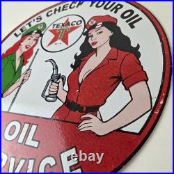 Vintage Texaco Gasoline Sign Lets Check Gas Attendants Porcelain Pump Sign