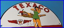 Vintage Texaco Gasoline Sign Pinup Girl Sign Gas Motor Oil Pump Porcelain Sign