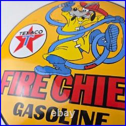 Vintage Texaco Gasoline Sign Porcelain Disney Goofy Fire Chief Gas Pump Sign