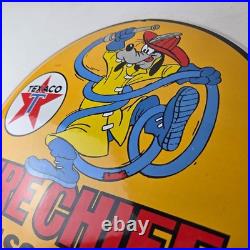Vintage Texaco Gasoline Sign Porcelain Disney Goofy Fire Chief Gas Pump Sign