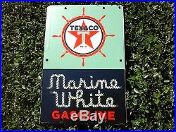 Vintage Texaco Marine White 8 x 12 Gas pump porcelain sign metal garage boat 63