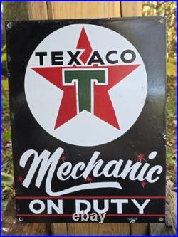 Vintage Texaco Mechanic On Duty Porcelain Gas Station Sign 12 X 16