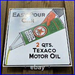 Vintage Texaco Motor Oil Porcelain Sign Gas Station Pump Plate Easy Pour Can