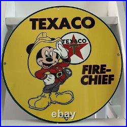 Vintage Texaco Porcelain Sign Gas Oil Mickey Mouse Fire Chief Petrol Pump Plate