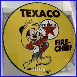 Vintage Texaco Porcelain Sign Gas Oil Mickey Mouse Fire Chief Petrol Pump Plate