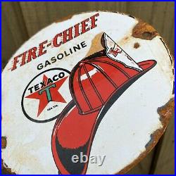 Vintage Texaco Porcelain Sign Old Fire Chief 6 Gas Pump Plate Oil Texas Star