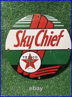 Vintage Texaco Porcelain Sign Sky Chief Gas Station Pump Plate Fuel Advertising