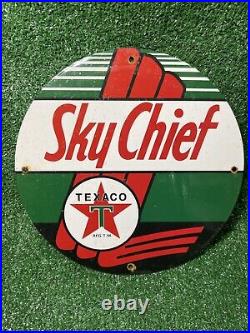 Vintage Texaco Porcelain Sign Sky Chief Gas Station Pump Plate Fuel Advertising