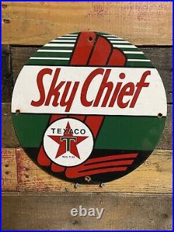 Vintage Texaco Porcelain Sign Sky Chief Gas Station Pump Plate Fuel Motor Oil