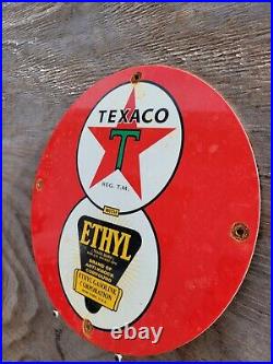 Vintage Texaco Porcelain Sign Texas Motor Oil Gas Garage Service Pump Ethyl 12