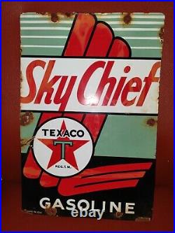 Vintage Texaco Sky Chief Porcelain Sign Pump Plate Gas Station Gasoline 18x12