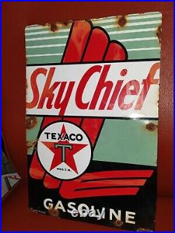 Vintage Texaco Sky Chief Porcelain Sign Pump Plate Gas Station Gasoline 18x12
