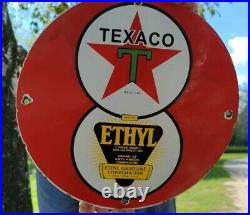 Vintage Texaco Star Ethyl Gasoline Motor Oil Porcelain Gas Station Pump Sign