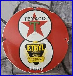 Vintage Texaco With Ethyl Gasoline Porcelain Gas Station Pump Sign 12