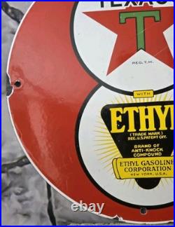 Vintage Texaco With Ethyl Gasoline Porcelain Gas Station Pump Sign 12