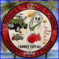 Vintage Trishaa Towing Texaco Gas Pump Plate Porcelain 12