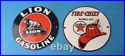Vintage Two Gasoline Porcelain Texaco & Lion Gas Service Station Pump Signs 6 Vintage Two Gasoline Porcelain Texaco & Lion Gas Service Station Pump Signs 6