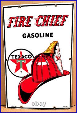 Vintage original 1961 TEXACO FIRE CHIEF GASOLINE porcelain gas pump SIGN 3-10-61