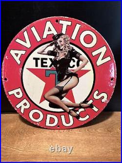 Vintage''texaco Aviation Products'' Gas & Oil Pump Plate 12 In Porcelain Sign