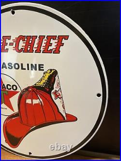 Vintage''texaco Fire Chief'' Gas & Oil Pump Plate 12 Inches Porcelain Sign