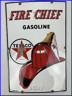 Vtg TEXACO Fire Chief Gasoline Porcelain Enamel Sign, gas pump 3-1-1957