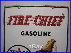 Vtg TEXACO Fire-Chief Porcelain Gas Pump SignMeasures 18 X 12Circa 3/1940