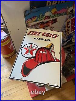 Vtg old 1956 Original texaco Fire Chief porcelain Gas Pump Sign Plate 3-56 USA